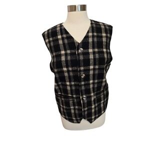 Womens Wool Vest Black White Plaid Size Small 90s Vintage